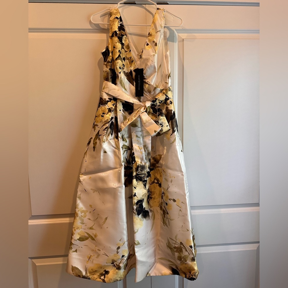 Donna Karen Floral V-Neck Party Dress in Cream and Yellow